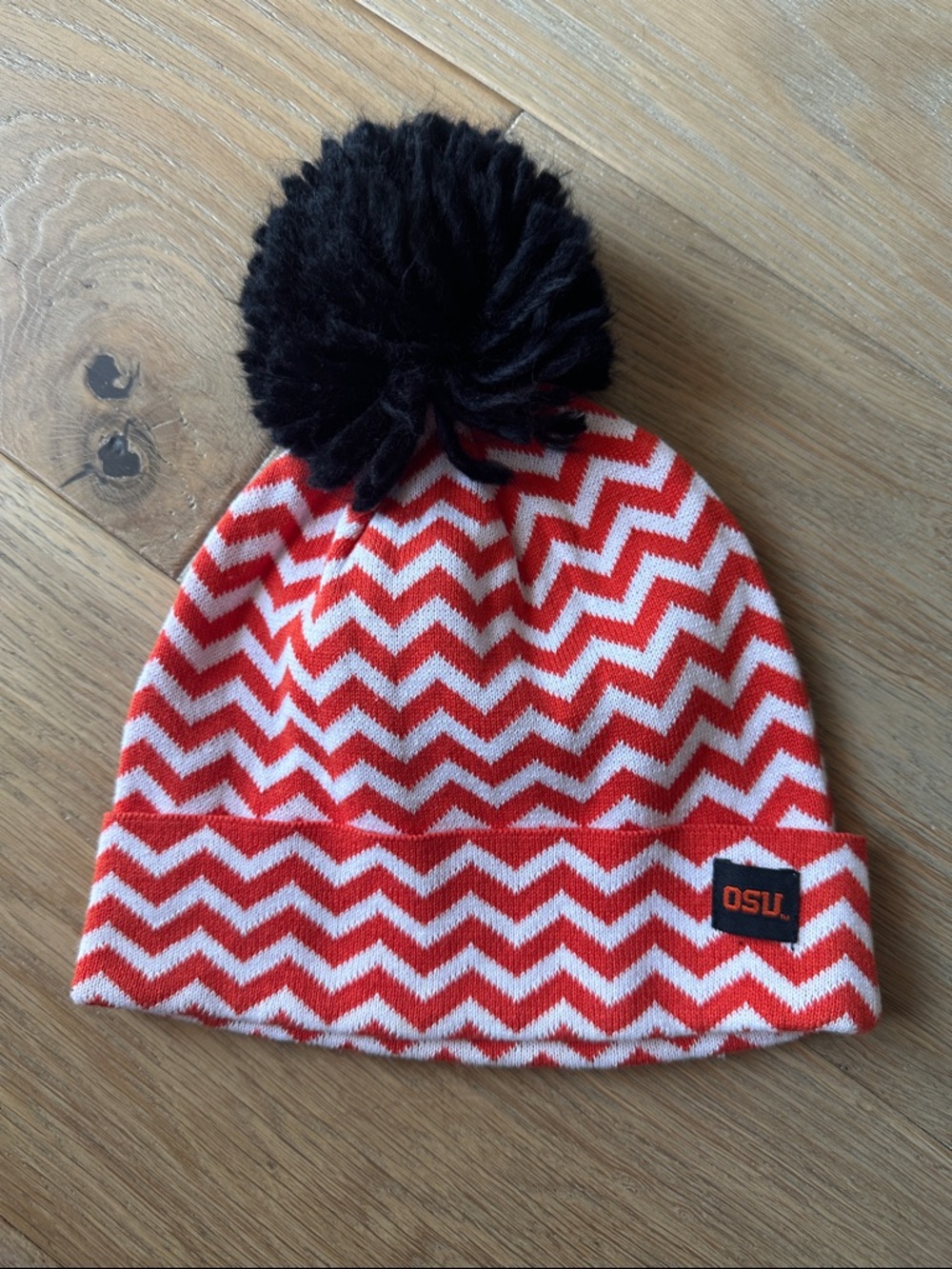 Orange and White Chevron Pom Beanie with OSU Patch